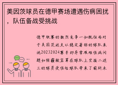 美因茨球员在德甲赛场遭遇伤病困扰，队伍备战受挑战