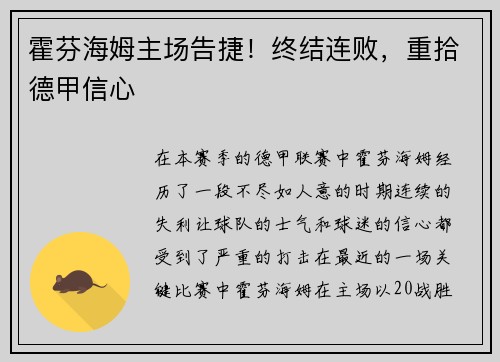 霍芬海姆主场告捷！终结连败，重拾德甲信心